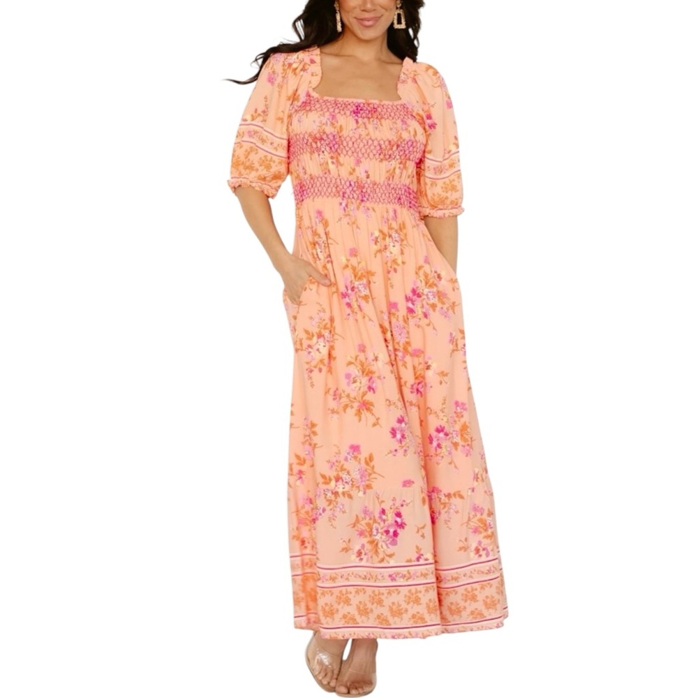 Baltic Born Peach Sunset Floral Smocked Puff Sleeve Romantic Maxi Dress